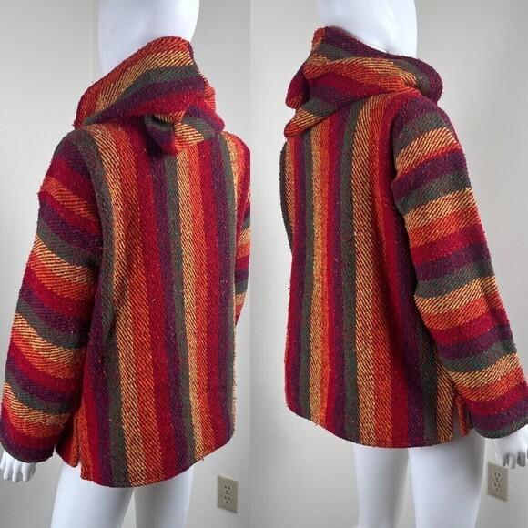 Tiaxcala Size M Pullover Stripped Mexican Poncho Colorful Hoodie Sweater Boho - Picture 5 of 6